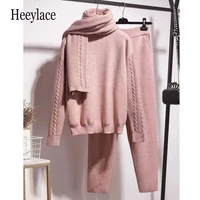 oversize knitted pullover jumper temperament suits winter warm tracksuit women twist sweater pants scarf 3 piece set femme