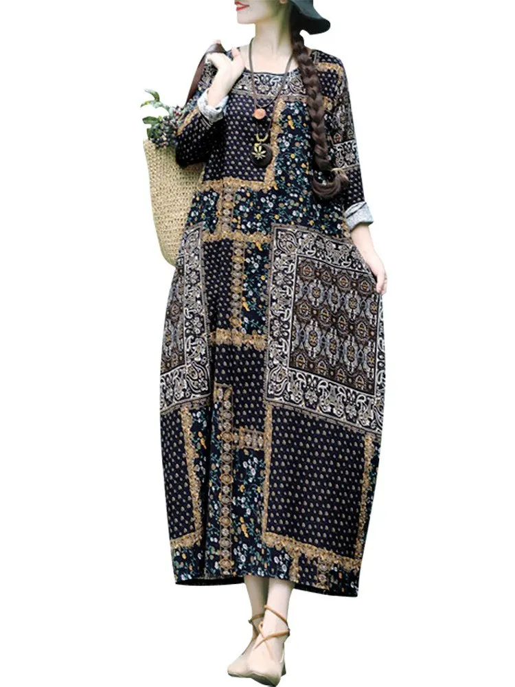 Женское хлопковое льняное платье винтажное Цветочное с круглым вырезом и