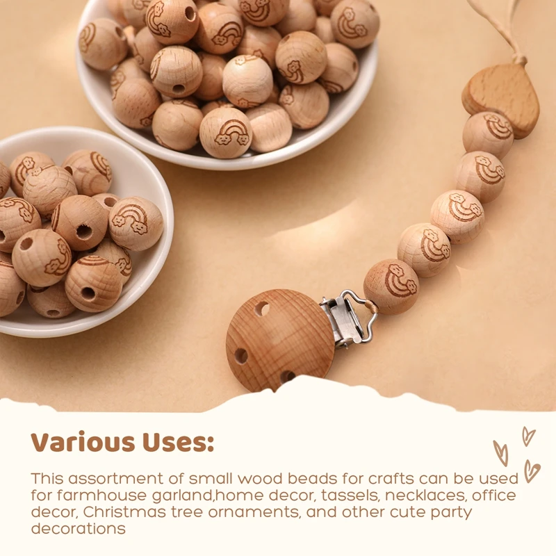 Let's Make 10pcs 16mm Beech Beads Wooden Teether Printed Round Beads Safe Customizable DIY Pacifier Necklace Chain Accessories