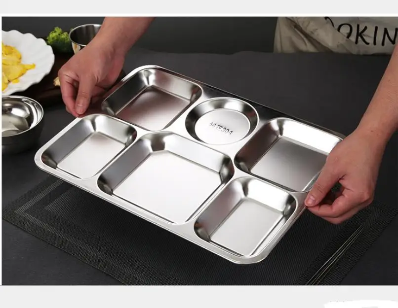 

27*38cm Stainless Steel Fast Food Tray Restaurant Hotel Service 6-Grid Rectangular Dish Kitchen Canteen Dining Plate SN3566