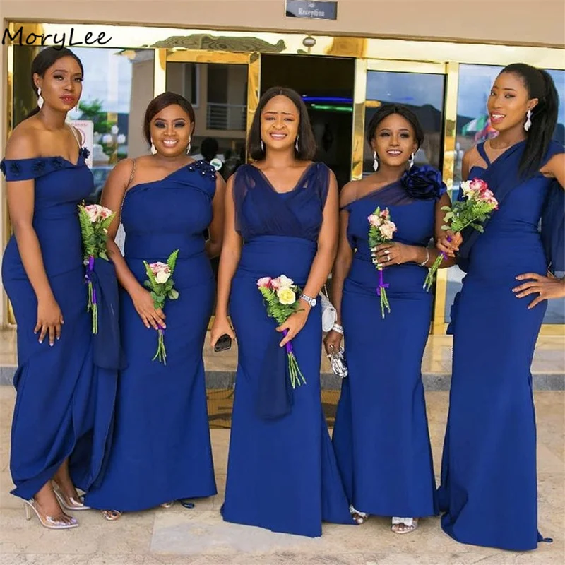 

Платья подружек невесты Королевского синего цвета без рукавов длиной до пола шелковые атласные плиссированные платья русалки для свадебной вечеринки платья подружек невесты на молнии сзади