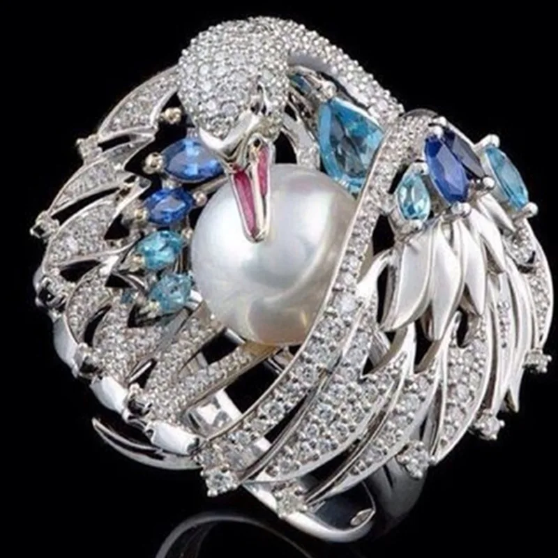 

Classic White Swan Inlaid Pearl Ring Women's Luxury Crystal Wings Color CZ Wedding Declaration Jewelry Birthday Gift