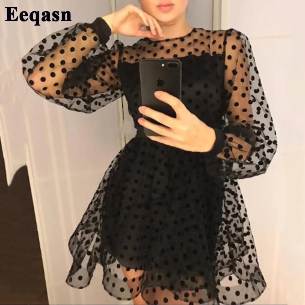 

Eeqasn Black Polka Dotted Tulle Homecoming Dresses Long Sleeves Ablve Knee Mini Graduation Dress Formal Prom Gowns For Junior