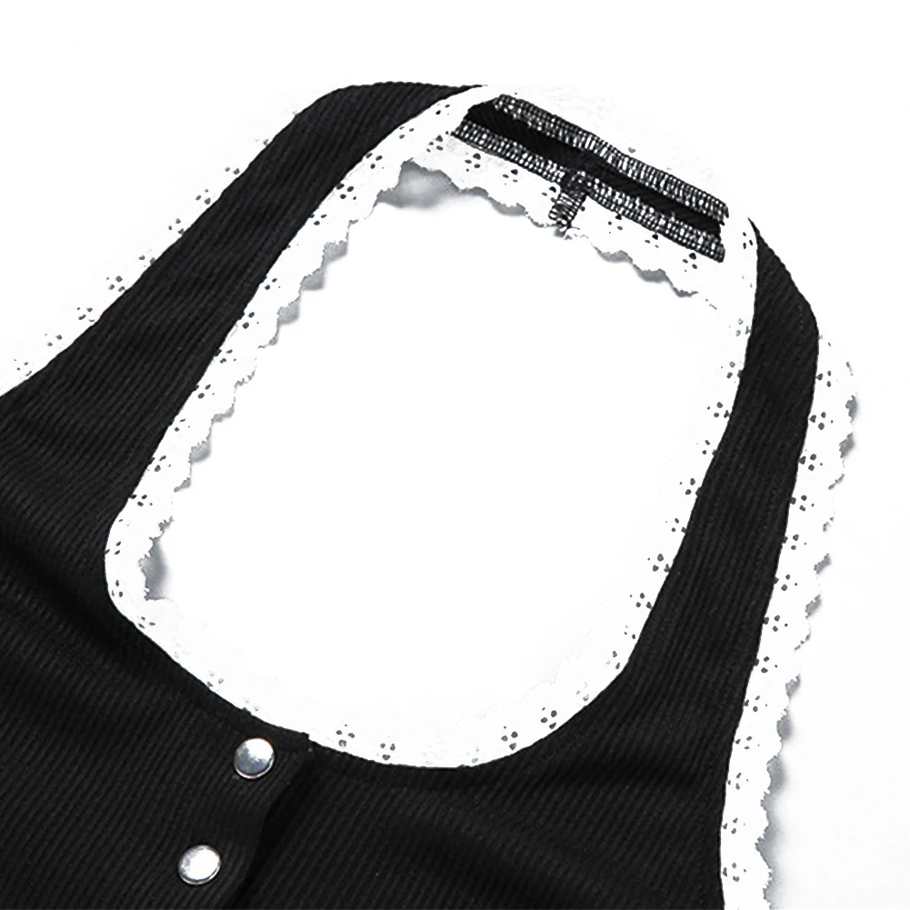 

Sweet E-girl Halter Crop Tops Y2k Lace Hem Patchwork Sexy Tank Top With Button Knitted Black Or Grey Women Summer Wear