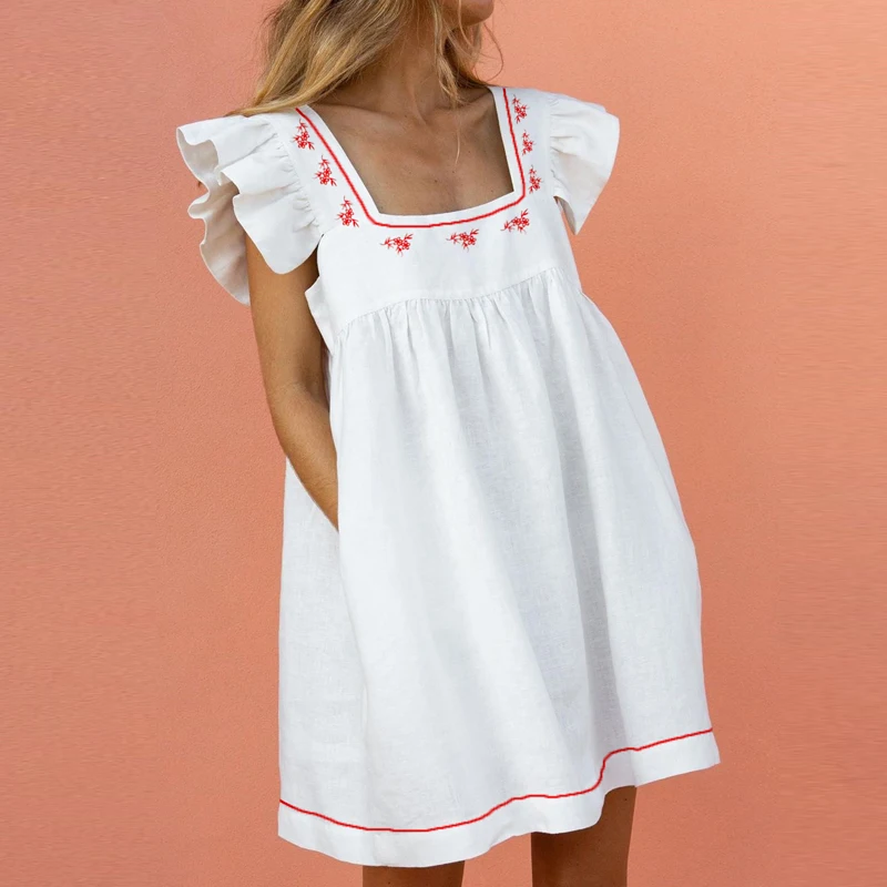 

S-2XL 9Colors Print Pocket Ruffle Square Collar Butterfly Sleeve Mini Dress Elegant Casual Women Summer Beach Party Skirt