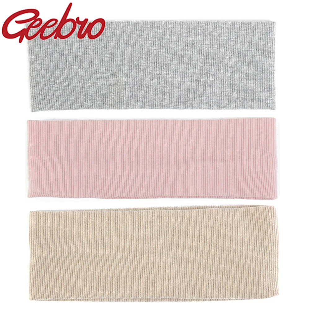 Geebro Spring Summer Women Headband Solid Color Cotton Wide Turban Knitted Hairband Girls Makeup Elastic Hair Bands Accessories