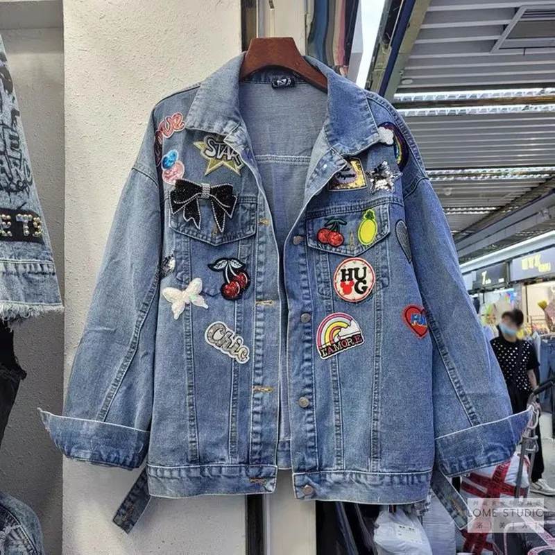 

Женский джинсовый кардиган с аппликацией и блестками на весну и осень 2021, СВОБОДНЫЙ Модный кардиган с длинными рукавами и лацканами Y634