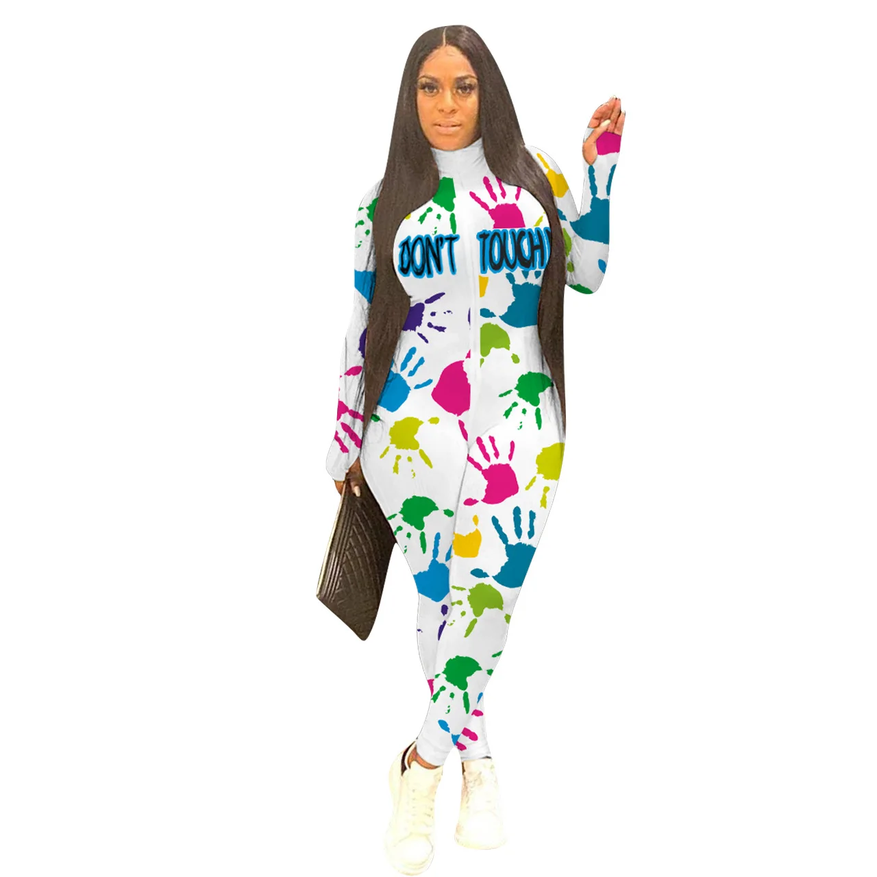 

46NK175 Autumn Winter Women Casual Fashion Handprint Skinny Sports Jumpsuit Playsuit Rompers Plus Size Joggers Hot