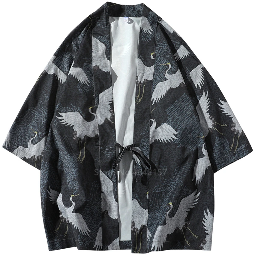 

Japanese Kimono for Man Summer Fashion Crane Printed Haori Coat Casual Party Cardigan Sunscreen Yukata Harajuku Streetwear