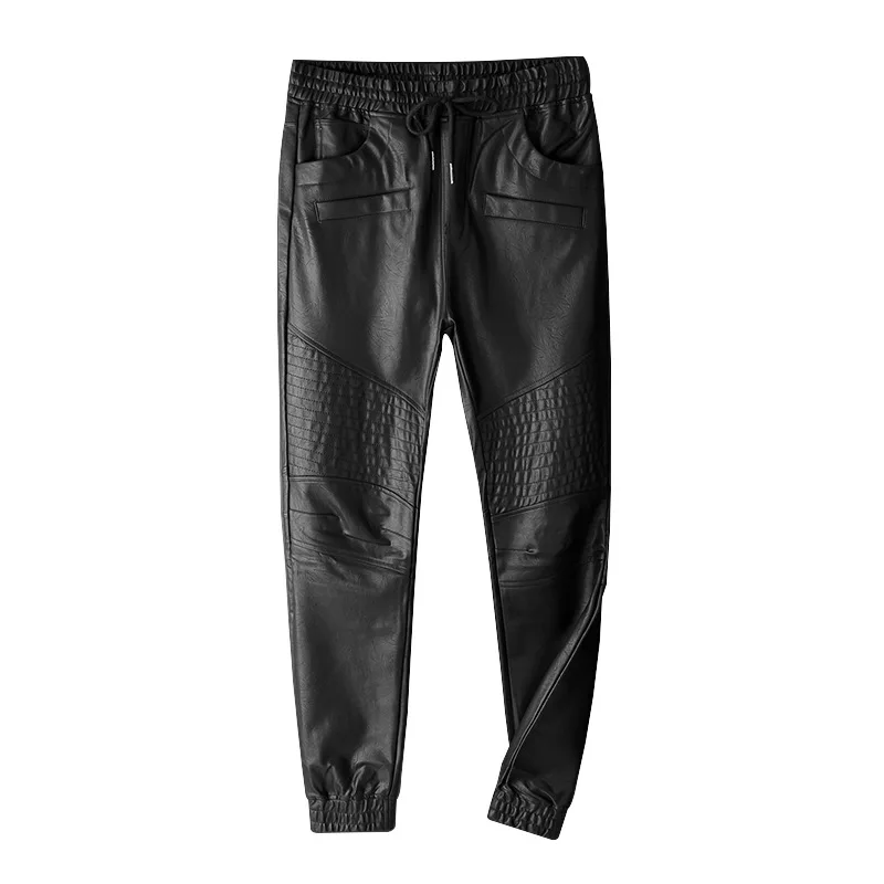 Top Quality New France Style Mens Ripped Moto Pants Ribbed Skinny Black PU Leather Biker Slim Trousers Pencil Pants Size S-5XL