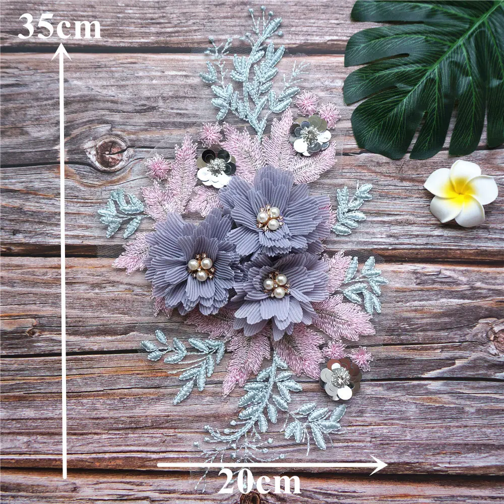 Фиолетовые розовые 3D цветы стразы кружево ткань Вышитое свадебное платье