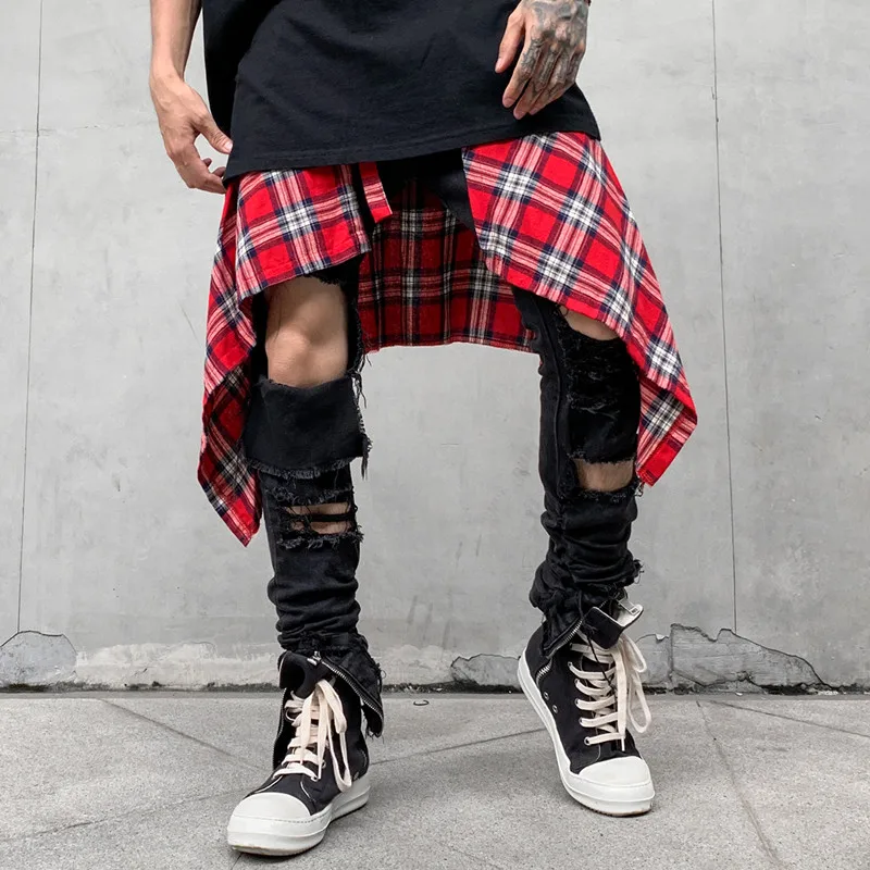 

Baggy Scottish Tartan Shorts Skirts Men Irregular Hemline Hip Hop Waist Plaid Skirt Women Urban Streetwear Dance Skirts for Male