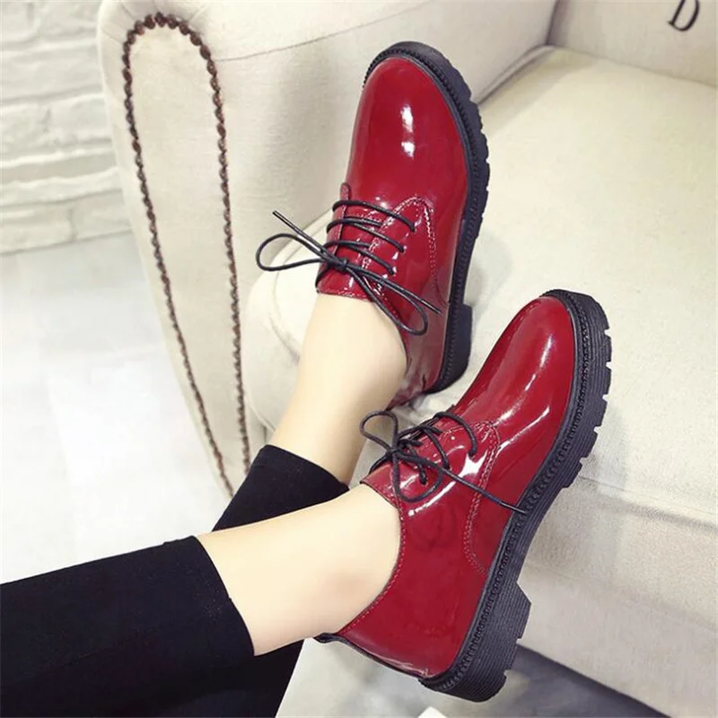 Высокое качество Женские туфли оксфорды на платформе обувь Лакированная кожа