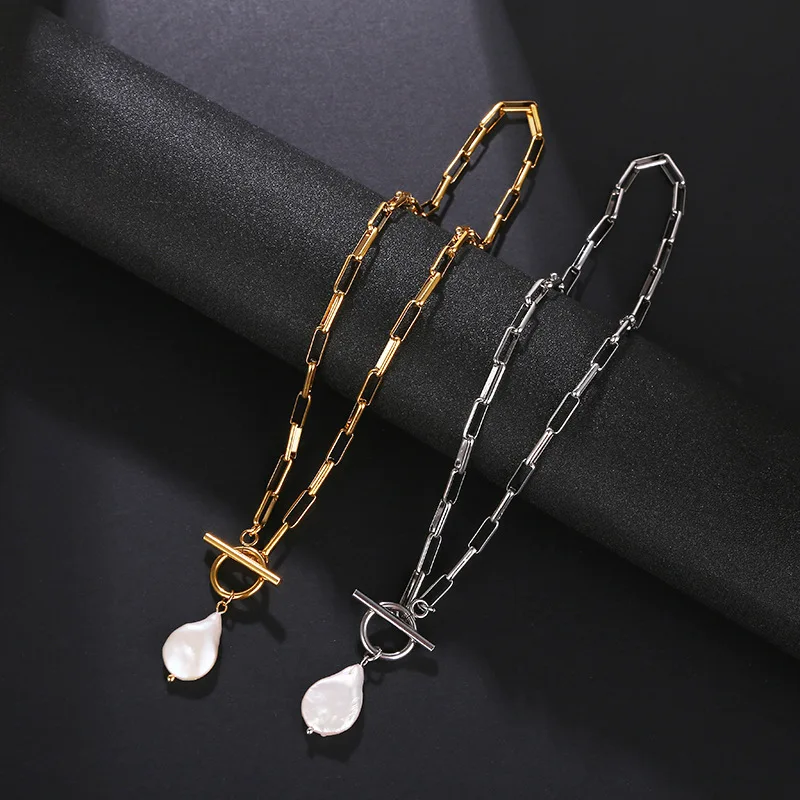 

Minar Chic Irregular Baroque Pearl Pendant Necklaces for Women Gold Color Hollow Chunky Chain Stainless Steel Choker Necklace