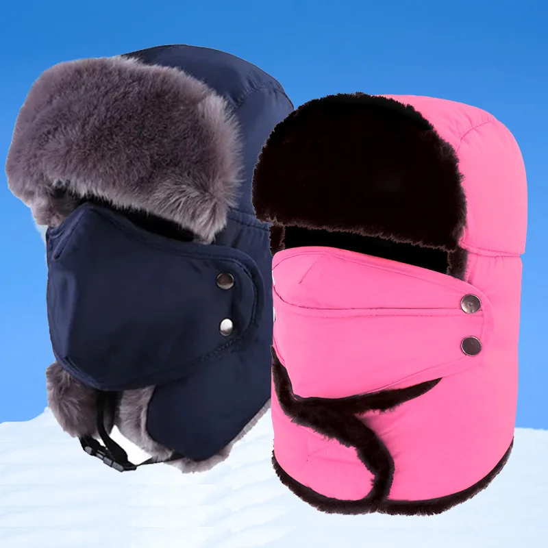 

Russian Trooper Trapper Hat Winte with Mouth Mask Protective Face Masks Winter Cotton Cap with Ear Flaps Outdoor Warm Waterproof