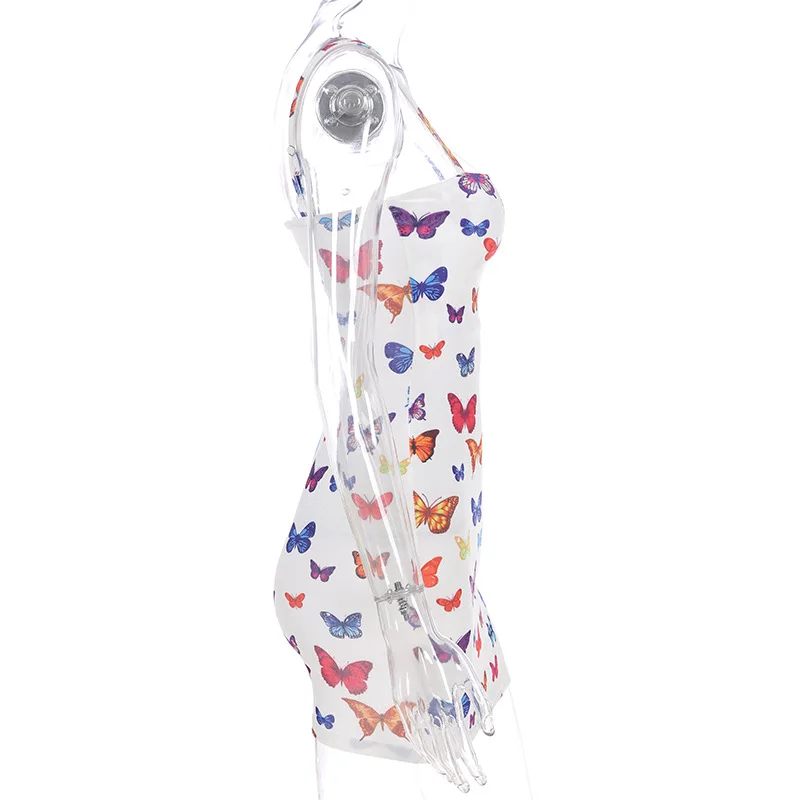 

2020 High Street Butterfly Print Spaghetti Strap Sheath Dress Women Summer Bodycon Backless Ladies Party Mini Dress
