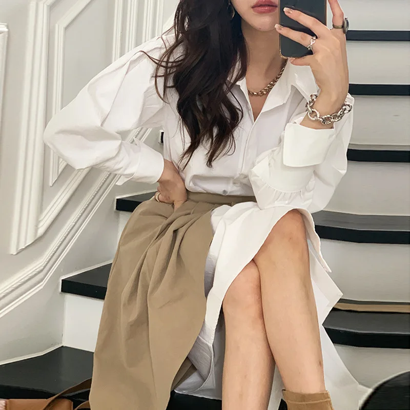 

Two Piece Set Women White Midi Summer Shirt Dress+High Waist Midi Skirt