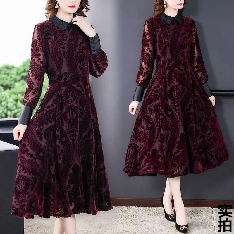 Винтаж ткань жаккардового переплетения вельвет платье с длинным рукавом Осенняя