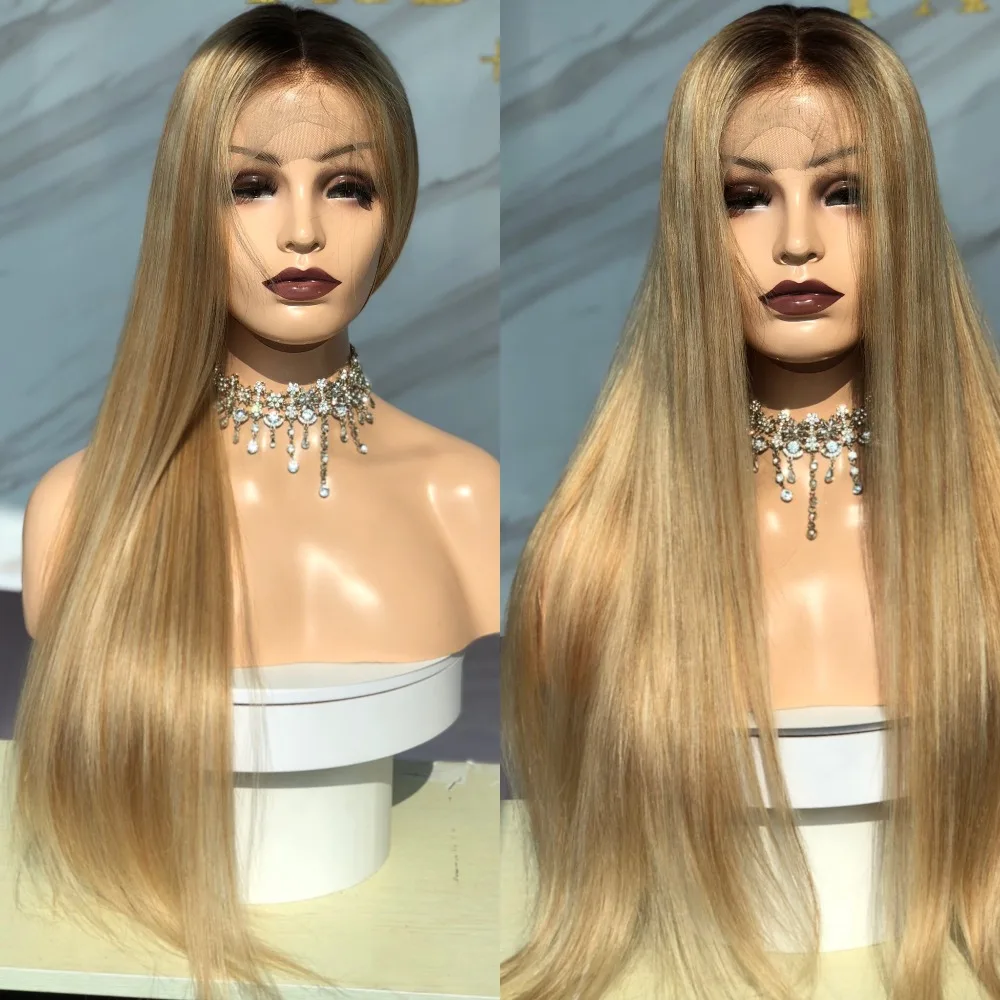 Fabwigs Lemi Цвет эффектом деграде(переход от темного к блондинка 13x4 Синтетические волосы на кружеве парики из натуральных волос на кружевной T4/27/613 прозрачный Синтетические волосы на кружеве парик с детскими волосами Волосы remy