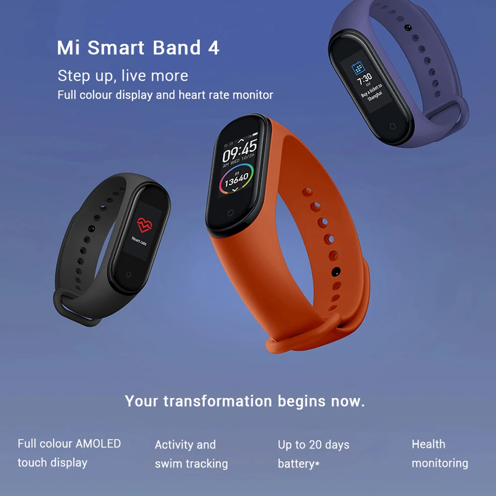 Смарт браслет Xiaomi Mi Band 4 3 цвета AMOLED экран пульсометр фитнес трекер BT5.0