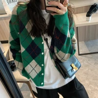 autumn winter knitted cropped cardigan women vintage green diamond knitting sweater knit crop top cardigans tops coat clothes