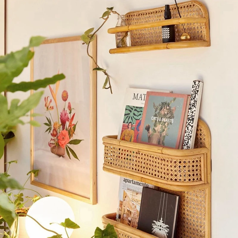 

Rattan Wall Hooks Kids Garments Organizer Rack Clothes Hat Hanging Hook Rattan Wall Storage Bookshelf