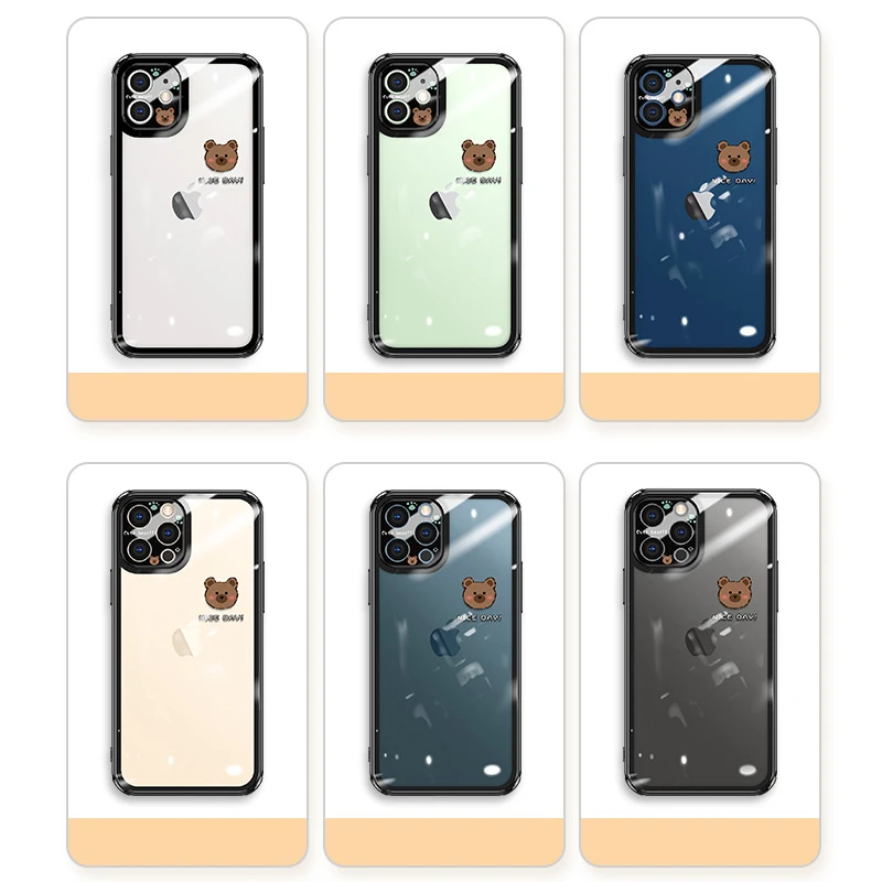 

ip12 Pained frame + Bear animals clear Tempered Glass Case Cover For iPhone 12 11 Pro Max XR XS MAX shockproof phone glass cases