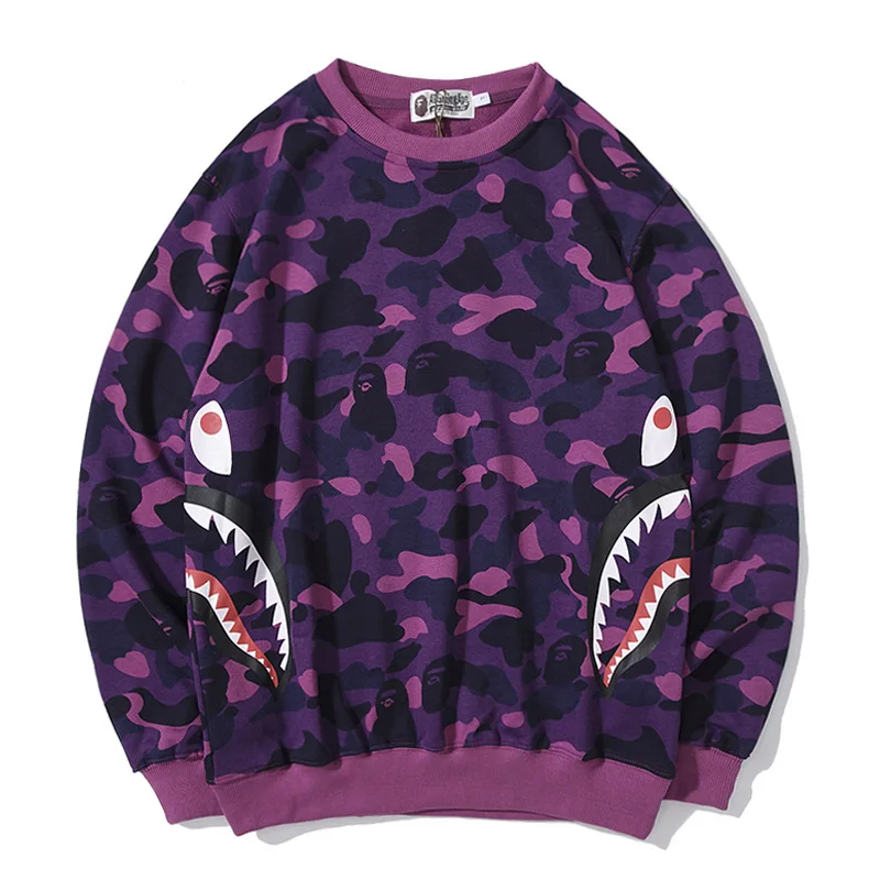 

Chao brand bape camouflage double side shark head printed cotton terry round neck sweater