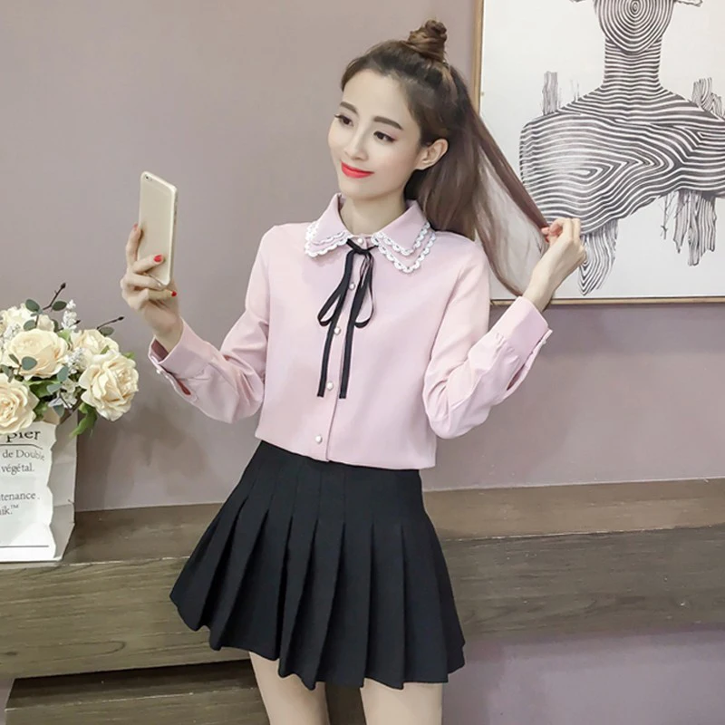 

Women Spring Autumn Style Vintage Blouses Shirts Lady Casual Long Sleeve Turn-down Collar Pink White Blusas Tops DF3089