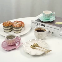japanese style pearl shell mug coffee saucer set with spoon macaron color ceramics mug 180ml afternoon tea cup home milk cup