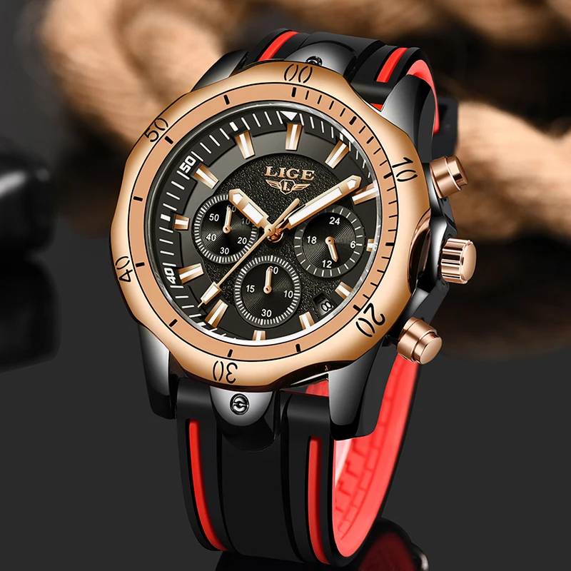 Часы наручные LIGE мужские с силиконовым ремешком брендовые Роскошные деловые