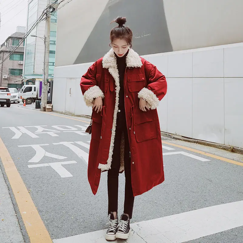 

Lambs wool work clothes overcome cotton padded women's winter 2020 new mid length over knee Korean loose cotton padded jacket