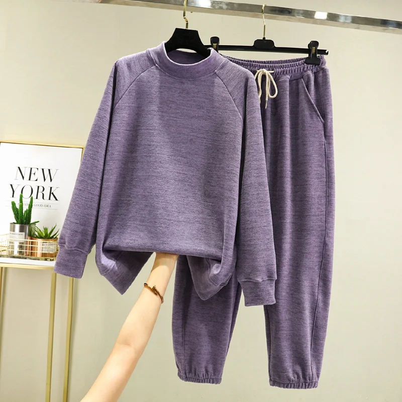 

Пижамный комплект Женский из 2 предметов, Осень-зима 2021, Теплый Женский пижамный комплект, свободный свитер с высоким воротником и бархатная...