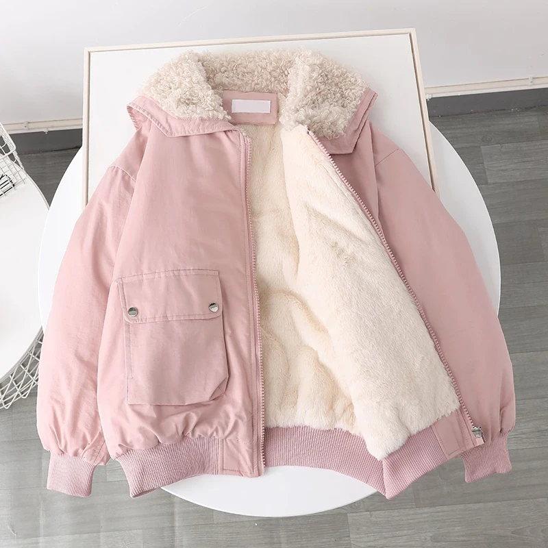 

Thick Imitation Lamb Cashmere Pink Coat Women Sweet Turn-down Collar Zipper Big Pocket Tooling Coats Simple Preppy Style Parkas
