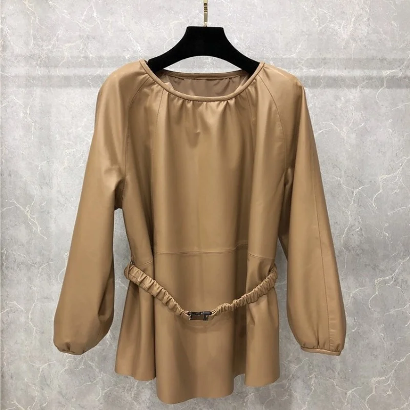 

New feminine fashions of sheepskin pullovers loose tops elastic fit with belt leather jacket genuine elegant puff ladies upper