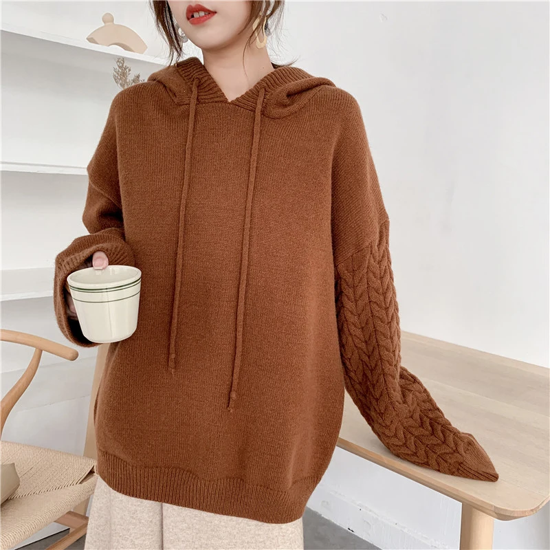 

[EAM] Yellow Big Size Knitting Sweater Loose Fit Hooded Long Sleeve Women Pullovers New Fashion Tide Autumn Winter 2021 1Y189