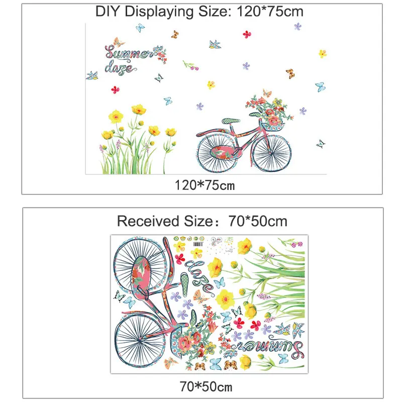 Пасторальный стиль желтые цветы и велосипед летние настенные наклейки для