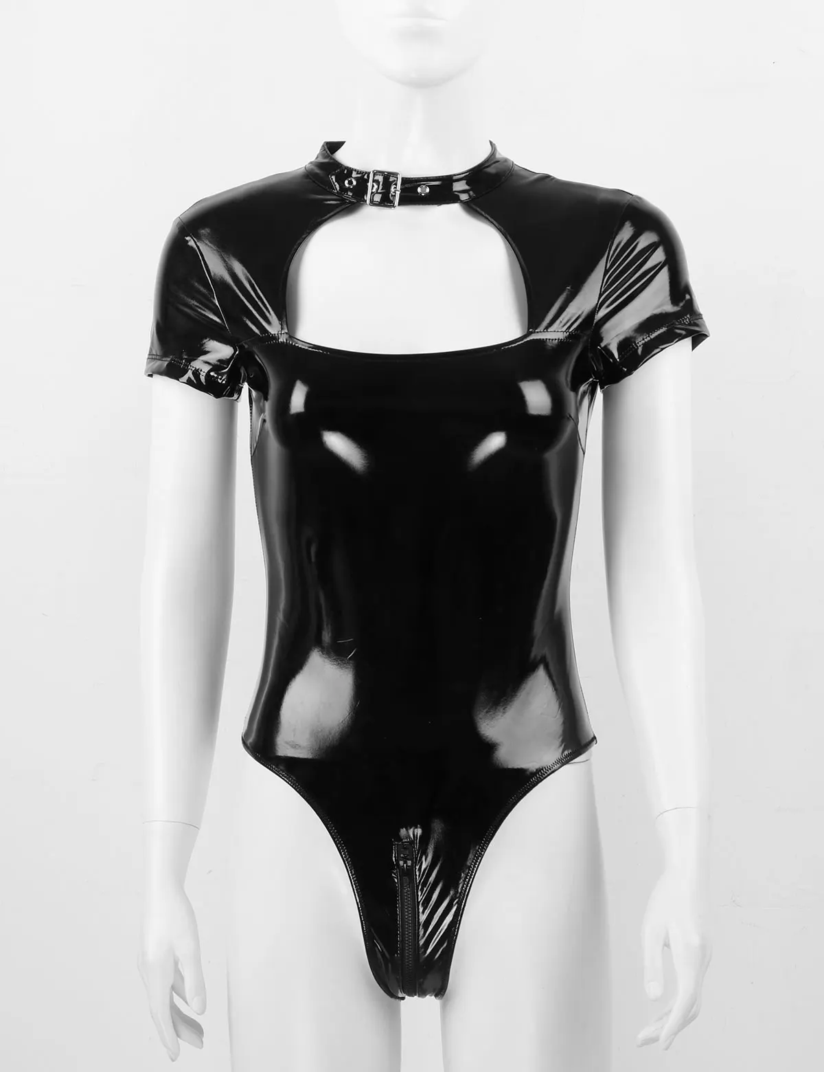 Женское боди из лакированной кожи с коротким рукавом на молнии для ночного клуба