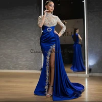 hot sale royal blue evening dresses 2020 high neck beaded side split sexy prom gown long sleeves formal arabic dubai party dress