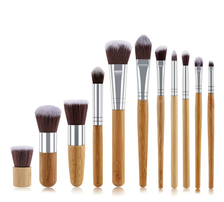 Hot 11pcs Natural Bamboo Handle Makeup Brushes Set High Quality Foundation Blending Cosmetic Make Up Tool With Cotton Bag | Красота и