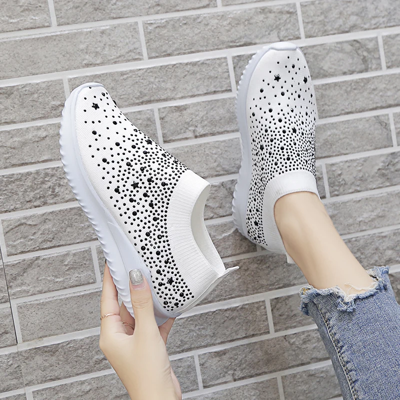 Лоферы женские на плоской вулканизированной подошве вязаные кроссовки без