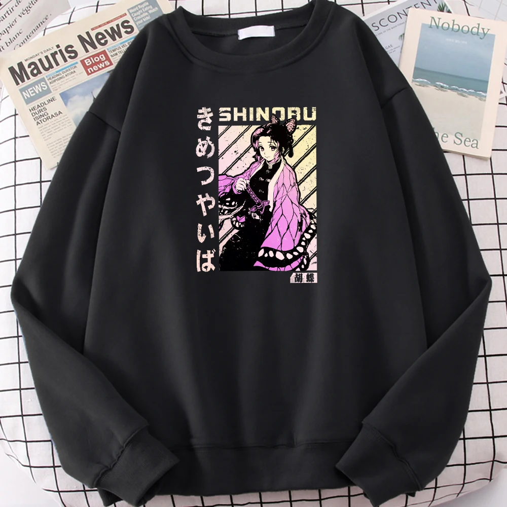

Mens Sweatshirt Anime Demon Slayer Kochou Shinobu Printed Tracksui Male O-Neck Fashion Oversize Hoodie Fleece Warm Women Sweater