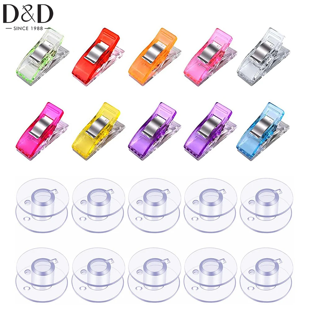 

10pcs Plastic Sewing Clips&10pcsTransparent Bobbins for Sewing Quilting Multicolor Fabric Clips and Embroidery Bobbins