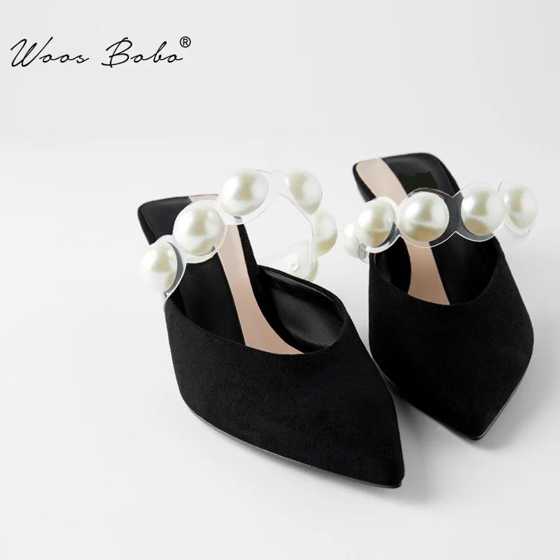 Черные босоножки на высоком каблуке женские мюли с жемчужным дизайном для женщин