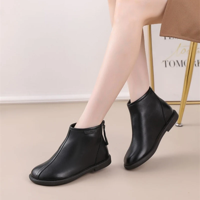 

TIMETANG Fashion Handmade Retro Women Ankle Boots Genuine Cow Leather Flat Soft Bottom Back Zipper Casual Women Boots BotasMujer