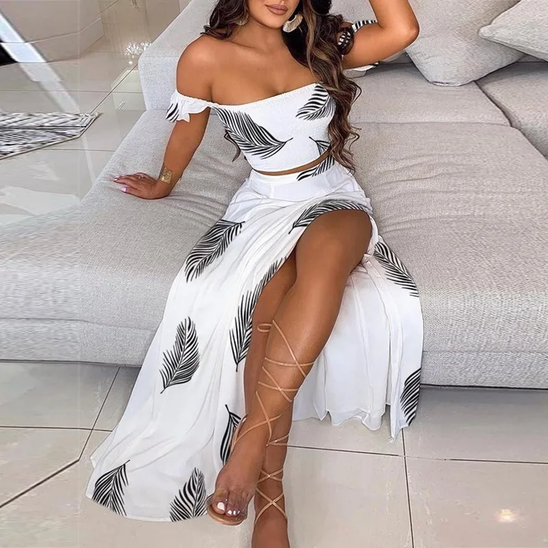 

SHUJIN 2021 Summer Women Fashion Elegant Off Shoulder Ruffles Top & Floral Print High Slit Skirt Set Sexy 2PCS Beach Long Dress