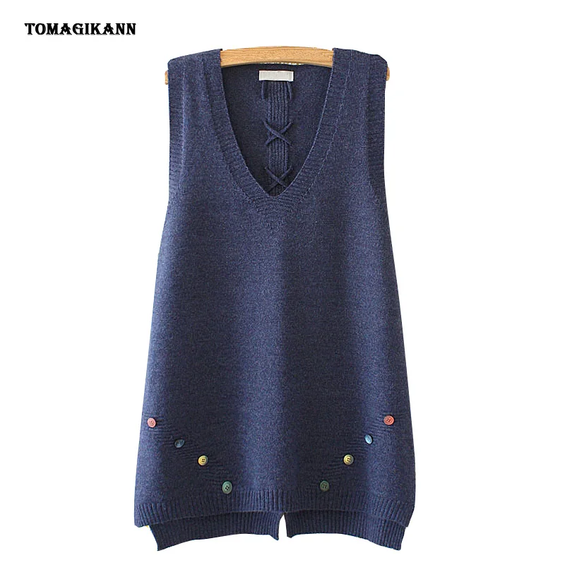 Свитер без рукавов женский жилет с разноцветными пуговицами и перекрестной