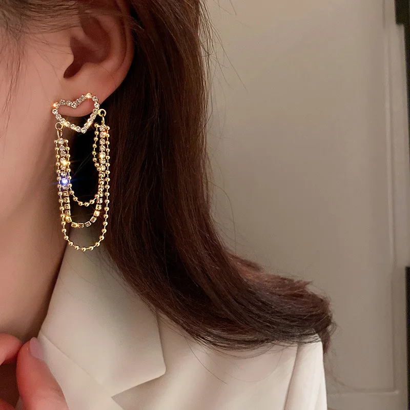 

LOVOACC Luxury Dainty Gold Color Hollow Love Heart Drop Dangle Earring for Women Spark Rhinestones Long Tassel Earring Jewelry