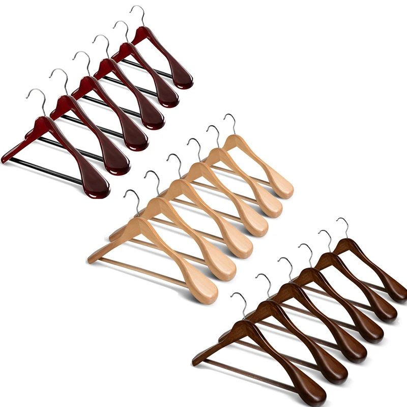 

6 Pcs Wide Shoulder Wooden Hangers with Non Slip Pants Bar for Coat Clothes Dress Suit Home Accessories