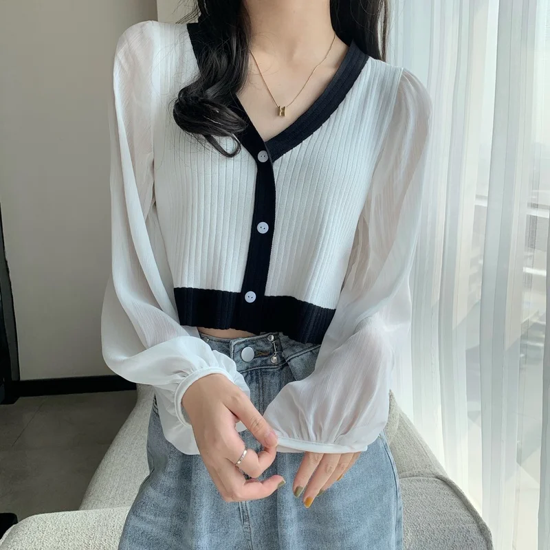 

Lantern Long Sleeve Knitted Ladies Tops Spring Autumn New Korean Women's Clothing Sweet Style Slim Single-breasted Crop Top Ins